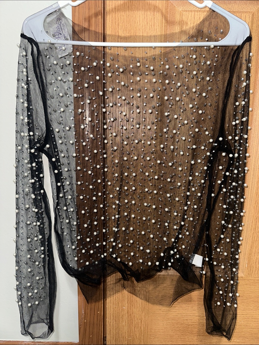 NWT Sheer Black Pearl-Embellished Long Sleeve Top